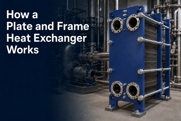 Blue plate and frame heat exchanger installed in an industrial process facility.